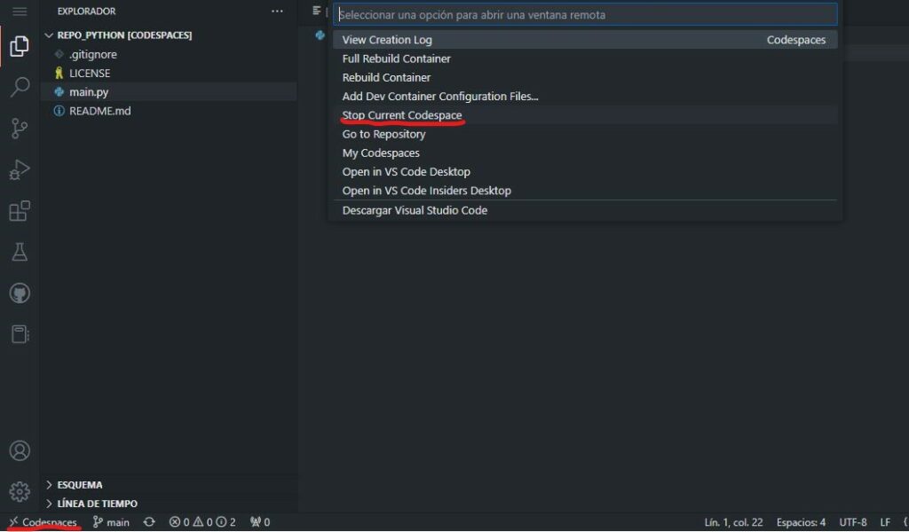 Python con Github Codespaces - Cerrar el codespace.